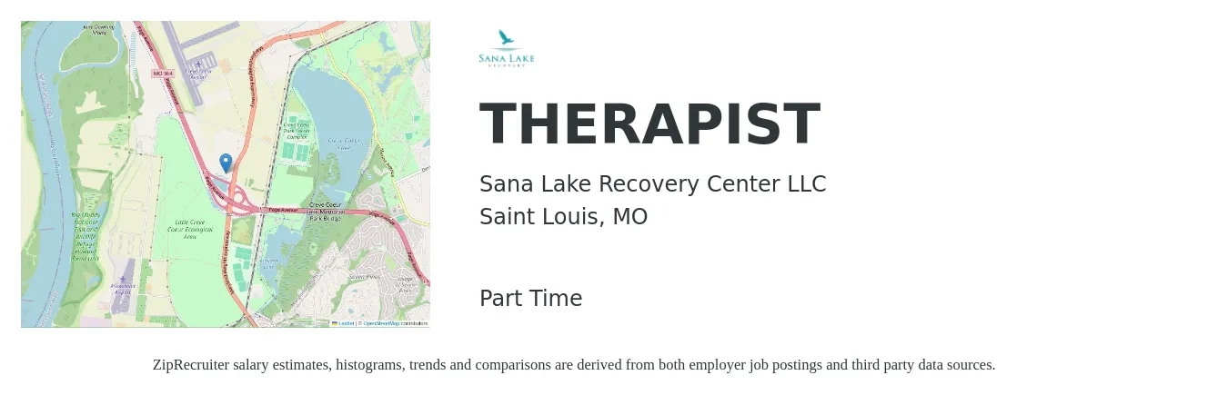 Sana Lake Recovery Center LLC job posting for a THERAPIST in Saint Louis, MO with a salary of $48,700 to $67,400 Yearly with a map of Saint Louis location.