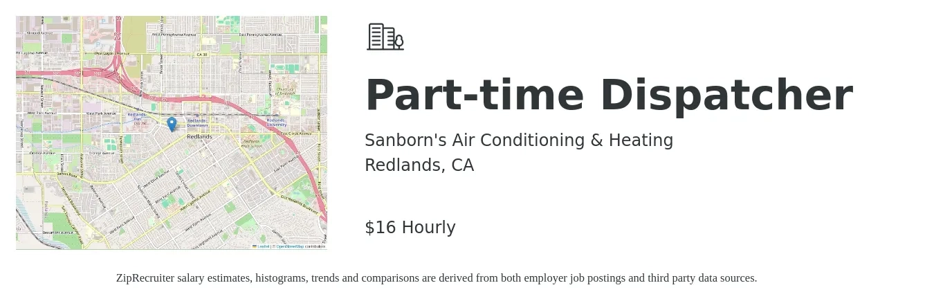 Sanborn's Air Conditioning & Heating job posting for a Part-time Dispatcher in Redlands, CA with a salary of $17 Hourly with a map of Redlands location.