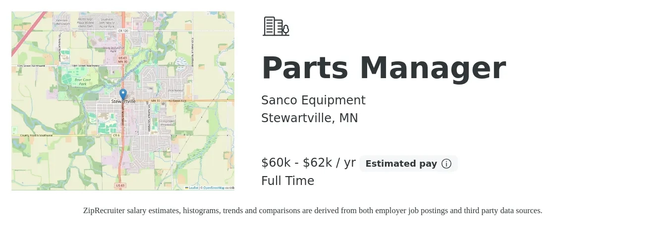 Sanco Equipment job posting for a Parts Manager in Stewartville, MN with a salary of $60,000 to $62,000 Yearly with a map of Stewartville location.