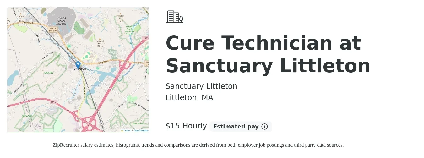 Sanctuary Littleton job posting for a Cure Technician at Sanctuary Littleton in Littleton, MA with a salary of $16 Hourly with a map of Littleton location.