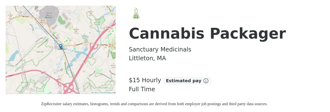 Sanctuary Medicinals job posting for a Cannabis Packager in Littleton, MA with a salary of $16 Hourly with a map of Littleton location.
