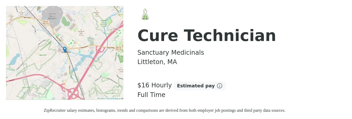 Sanctuary Medicinals job posting for a Cure Technician in Littleton, MA with a salary of $17 Hourly with a map of Littleton location.