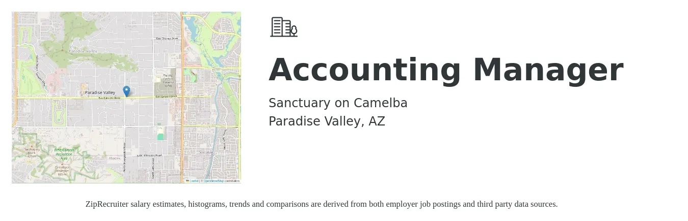 Sanctuary on Camelba job posting for a Accounting Manager in Paradise Valley, AZ with a salary of $78,900 to $113,200 Yearly with a map of Paradise Valley location.