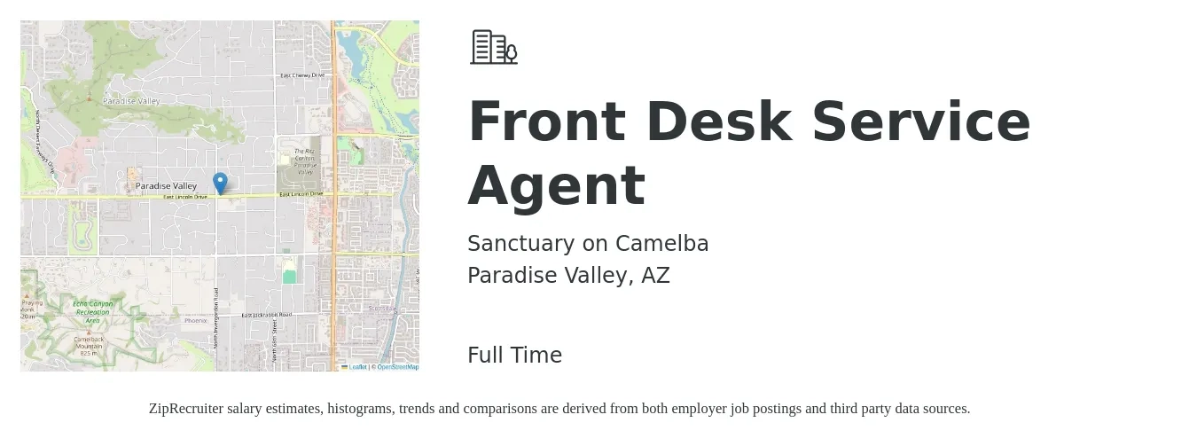 Sanctuary on Camelba job posting for a Front Desk Service Agent in Paradise Valley, AZ with a salary of $14 to $18 Hourly with a map of Paradise Valley location.