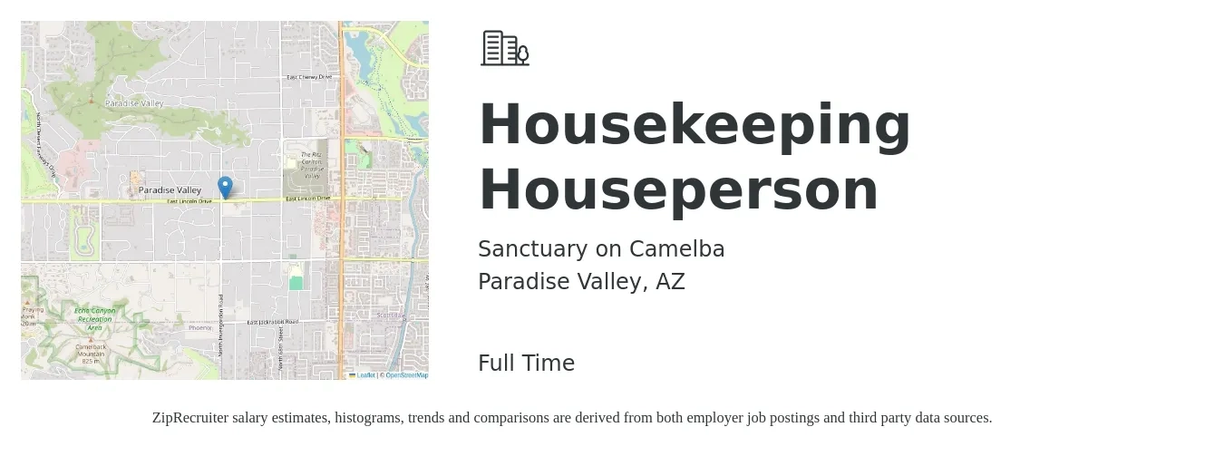 Sanctuary on Camelba job posting for a Housekeeping Houseperson in Paradise Valley, AZ with a salary of $14 to $18 Hourly with a map of Paradise Valley location.