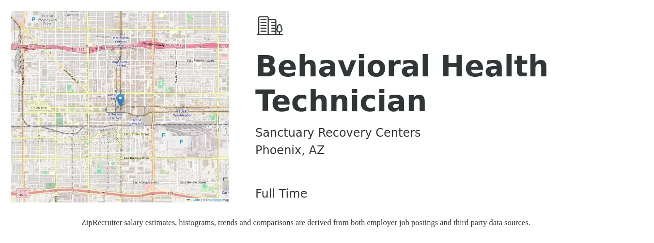 Sanctuary Recovery Centers job posting for a Behavioral Health Technician in Phoenix, AZ with a salary of $16 to $19 Hourly with a map of Phoenix location.