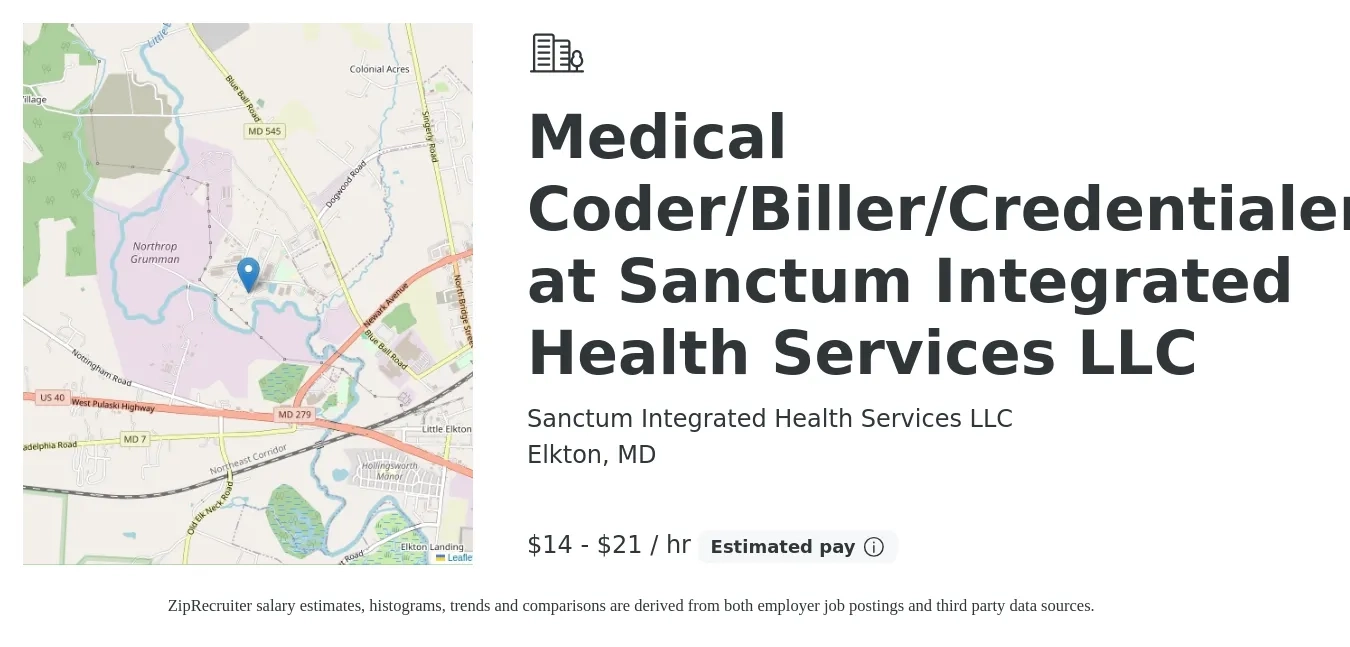 Sanctum Integrated Health Services LLC job posting for a Medical Coder/Biller/Credentialer at Sanctum Integrated Health Services LLC in Elkton, MD with a salary of $15 to $22 Hourly with a map of Elkton location.