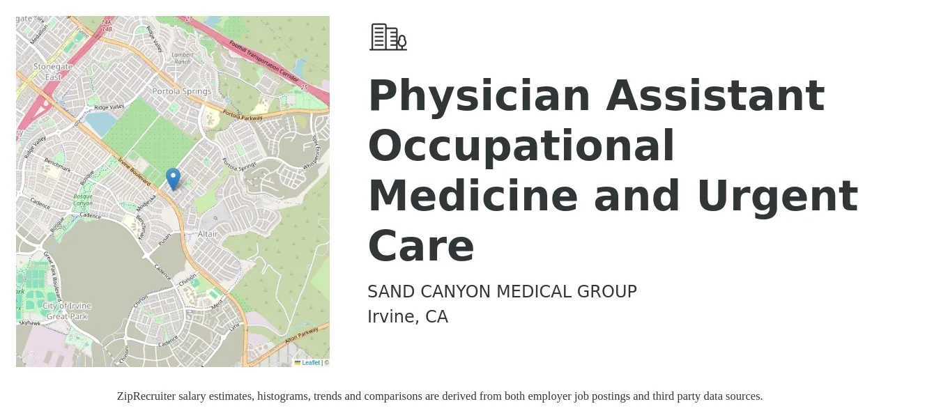 SAND CANYON MEDICAL GROUP job posting for a Physician Assistant Occupational Medicine and Urgent Care in Irvine, CA with a salary of $75 to $85 Hourly with a map of Irvine location.
