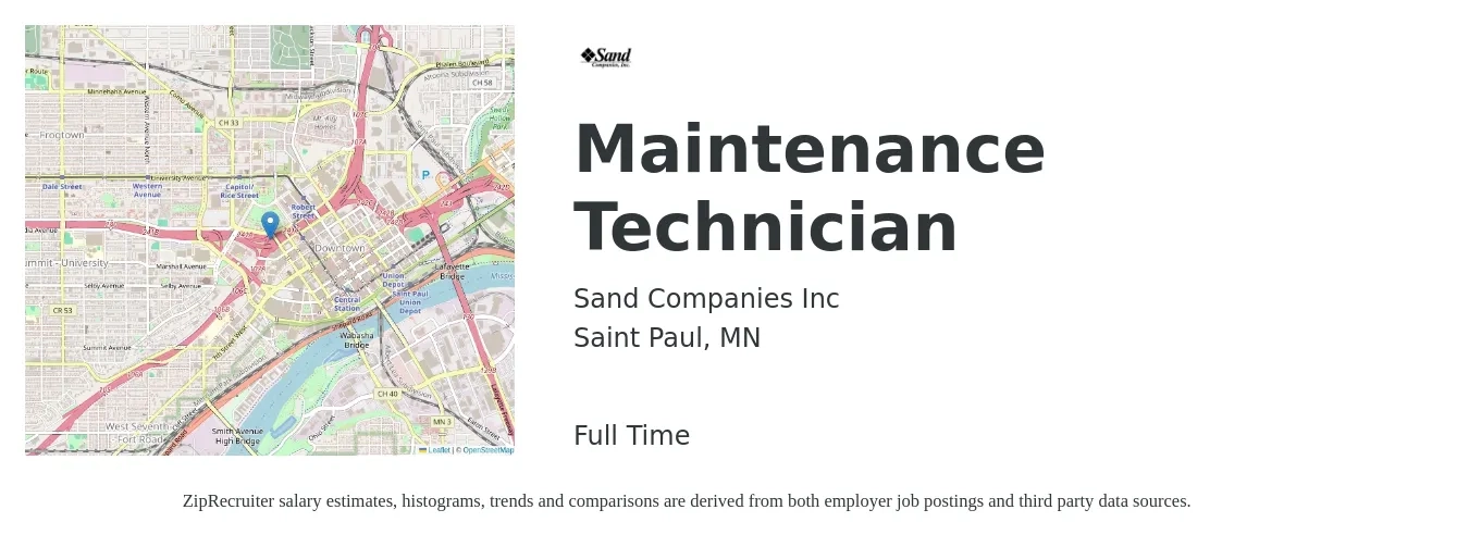 Sand Companies Inc job posting for a Maintenance Technician in Saint Paul, MN with a salary of $20 to $27 Hourly with a map of Saint Paul location.