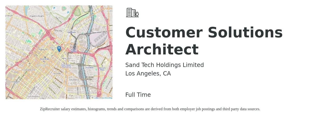 Sand Tech Holdings Limited job posting for a Customer Solutions Architect in Los Angeles, CA with a salary of $121,200 to $148,200 Yearly with a map of Los Angeles location.