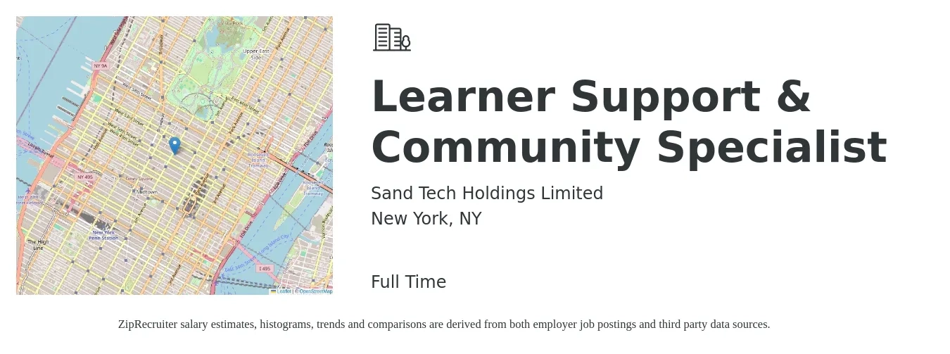 Sand Tech Holdings Limited job posting for a Learner Support & Community Specialist in New York, NY with a salary of $20 to $32 Hourly with a map of New York location.