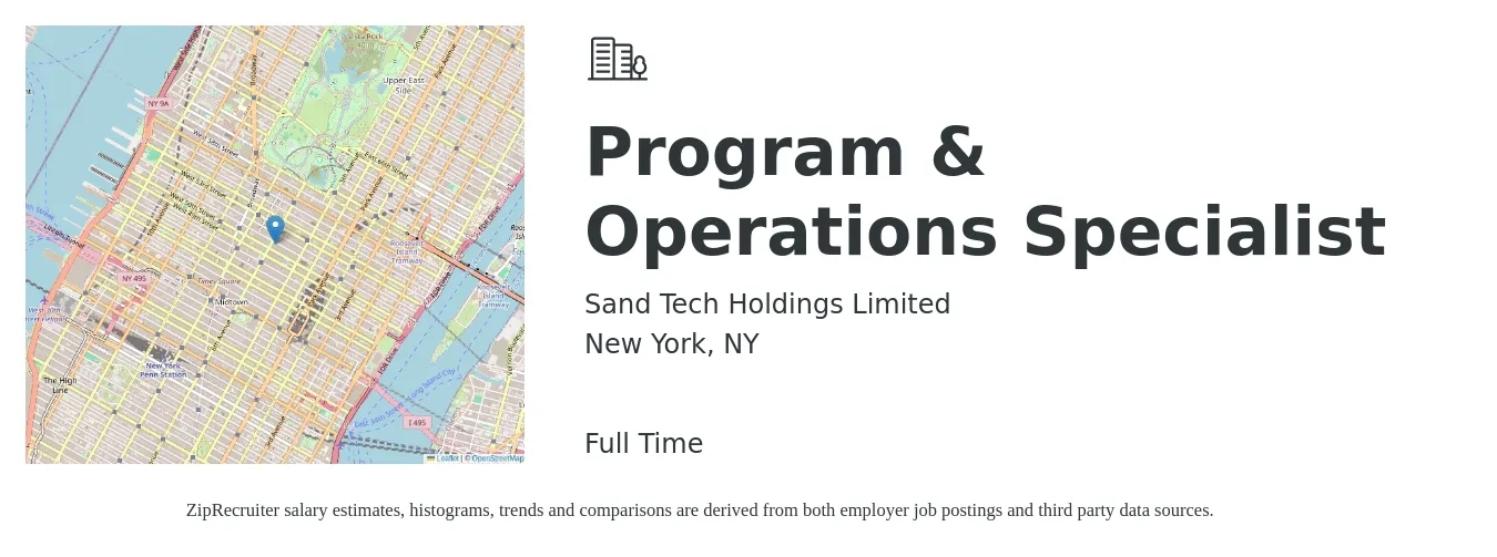 Sand Tech Holdings Limited job posting for a Program & Operations Specialist in New York, NY with a salary of $50,900 to $94,100 Yearly with a map of New York location.