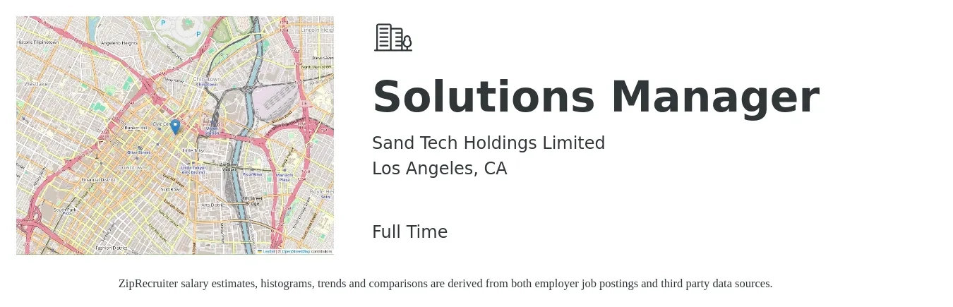 Sand Tech Holdings Limited job posting for a Solutions Manager in Los Angeles, CA with a salary of $79,200 to $123,900 Yearly with a map of Los Angeles location.