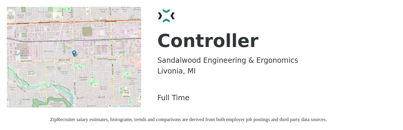 Sandalwood Engineering & Ergonomics job posting for a Controller in Livonia, MI with a salary of $85,800 to $122,500 Yearly with a map of Livonia location.