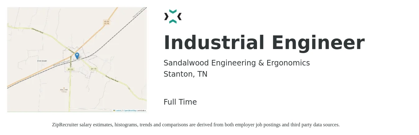 Sandalwood Engineering & Ergonomics job posting for a Industrial Engineer in Stanton, TN with a salary of $64,500 to $87,100 Yearly with a map of Stanton location.