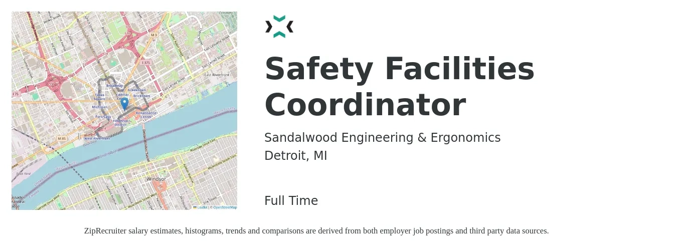 Sandalwood Engineering & Ergonomics job posting for a Safety Facilities Coordinator in Detroit, MI with a salary of $25 to $37 Hourly with a map of Detroit location.