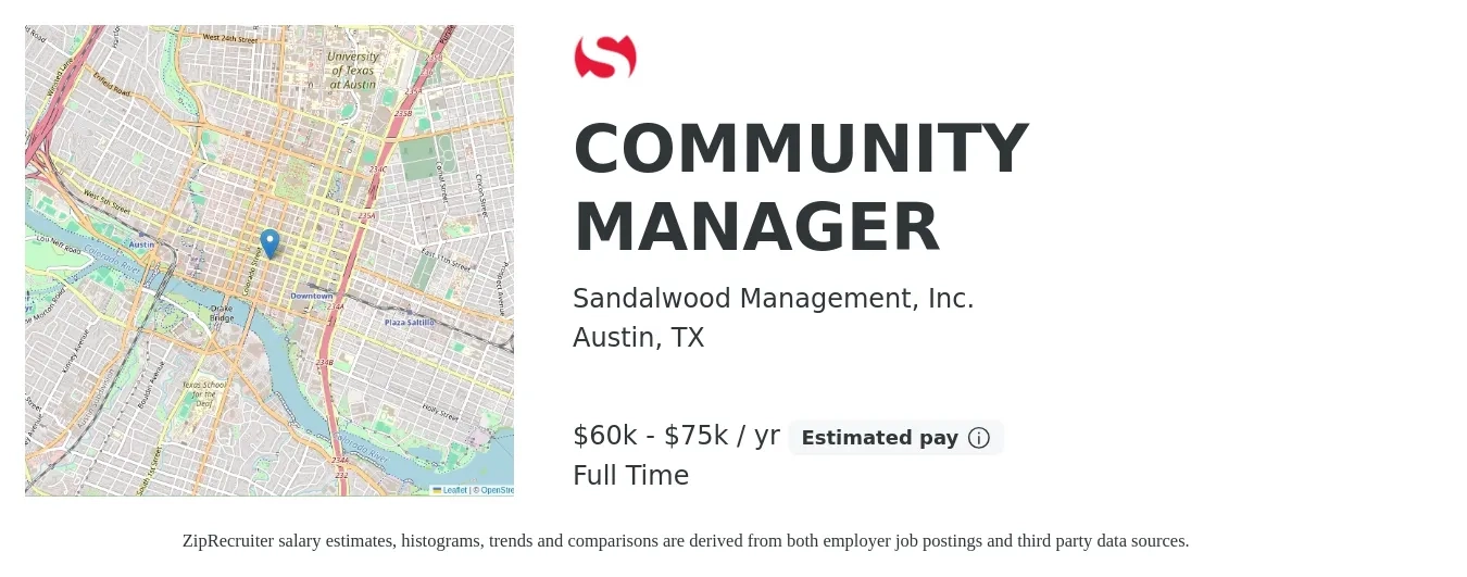 Sandalwood Management, Inc. job posting for a COMMUNITY MANAGER in Austin, TX with a salary of $60,000 to $75,000 Yearly with a map of Austin location.