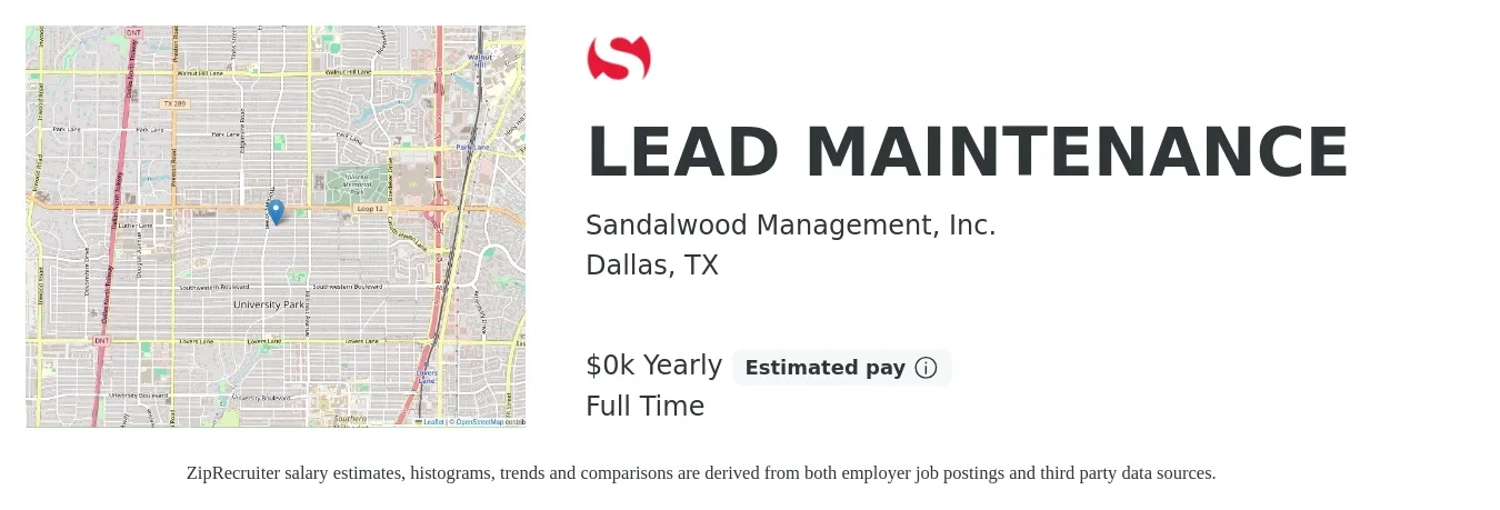 Sandalwood Management, Inc. job posting for a LEAD MAINTENANCE in Dallas, TX with a salary of $20 to $28 Yearly with a map of Dallas location.