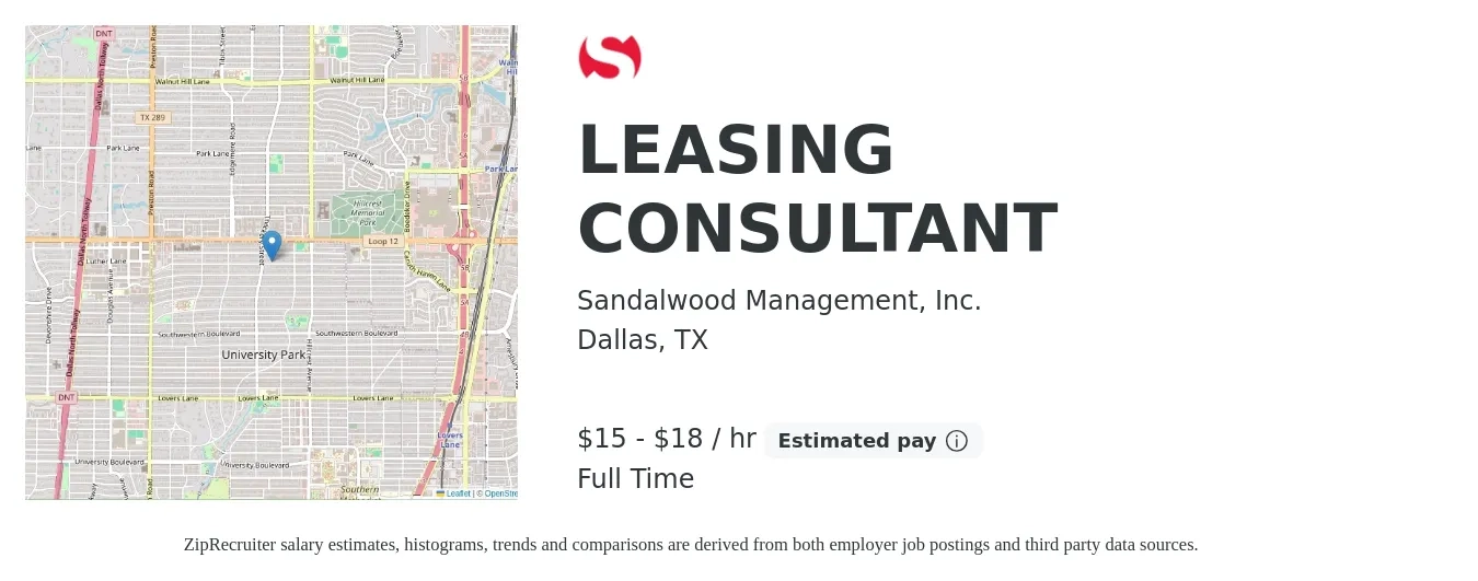 Sandalwood Management, Inc. job posting for a LEASING CONSULTANT in Dallas, TX with a salary of $16 to $19 Hourly with a map of Dallas location.