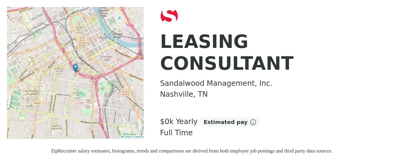 Sandalwood Management, Inc. job posting for a LEASING CONSULTANT in Nashville, TN with a salary of $15 to $17 Yearly with a map of Nashville location.