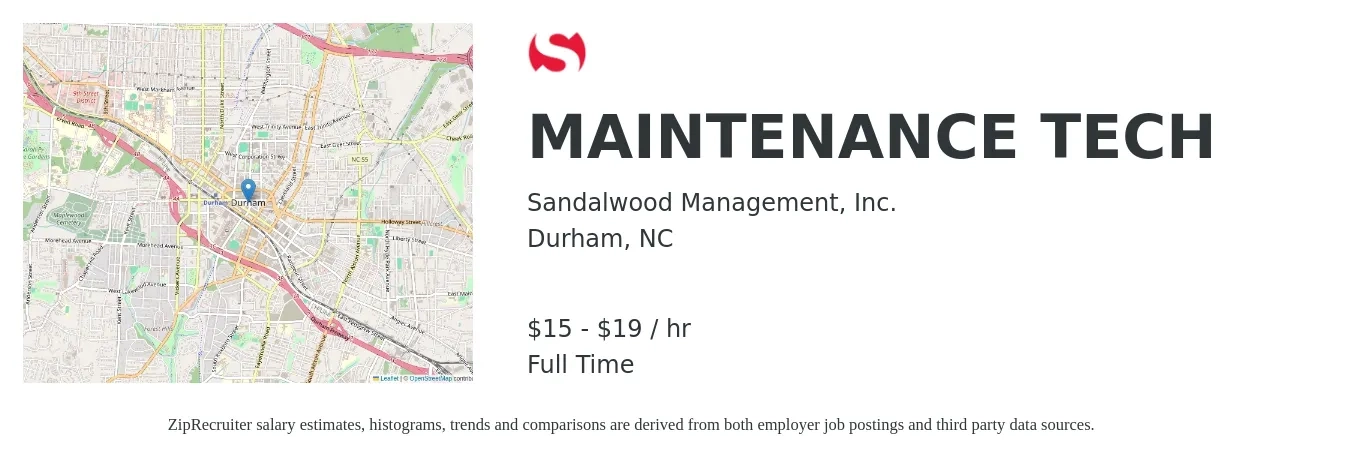Sandalwood Management, Inc. job posting for a MAINTENANCE TECH in Durham, NC with a salary of $16 to $20 Hourly with a map of Durham location.