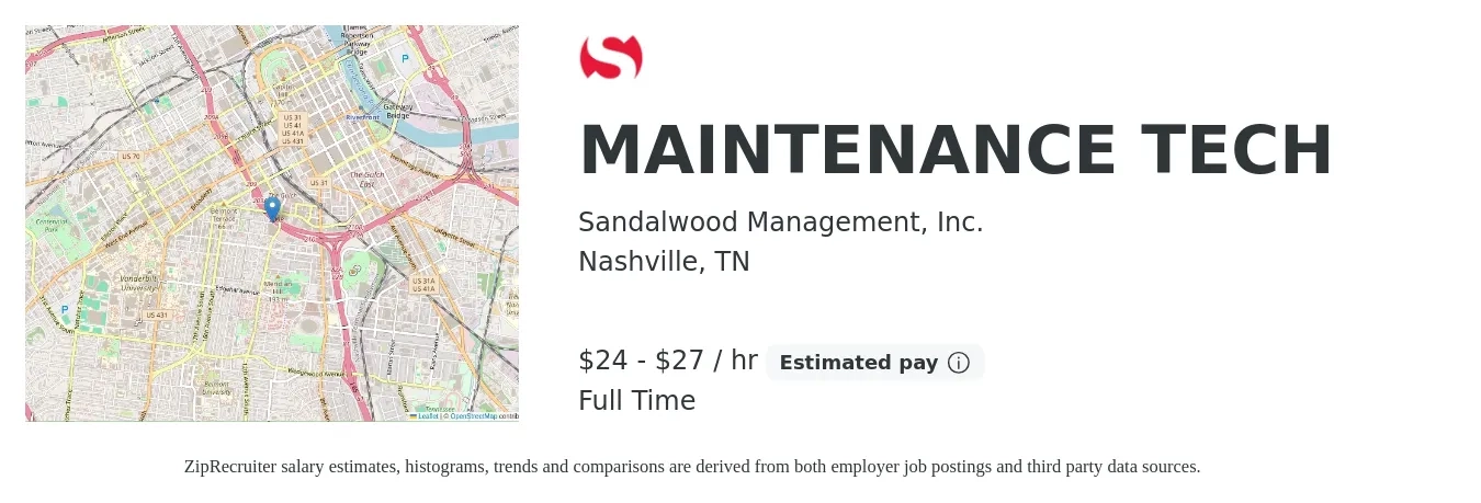 Sandalwood Management, Inc. job posting for a MAINTENANCE TECH in Nashville, TN with a salary of $25 to $29 Hourly with a map of Nashville location.