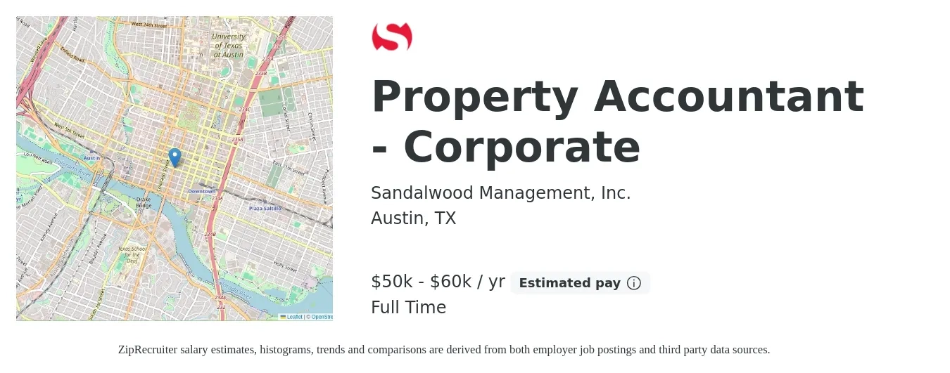Sandalwood Management, Inc. job posting for a Property Accountant - Corporate in Austin, TX with a salary of $50,000 to $60,000 Yearly with a map of Austin location.