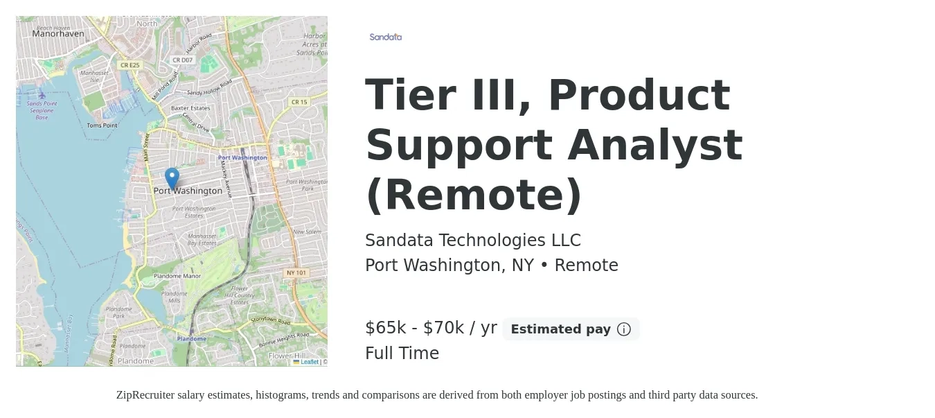 Sandata Technologies LLC job posting for a Tier III, Product Support Analyst (Remote) in Port Washington, NY with a salary of $65,000 to $70,000 Yearly with a map of Port Washington location.