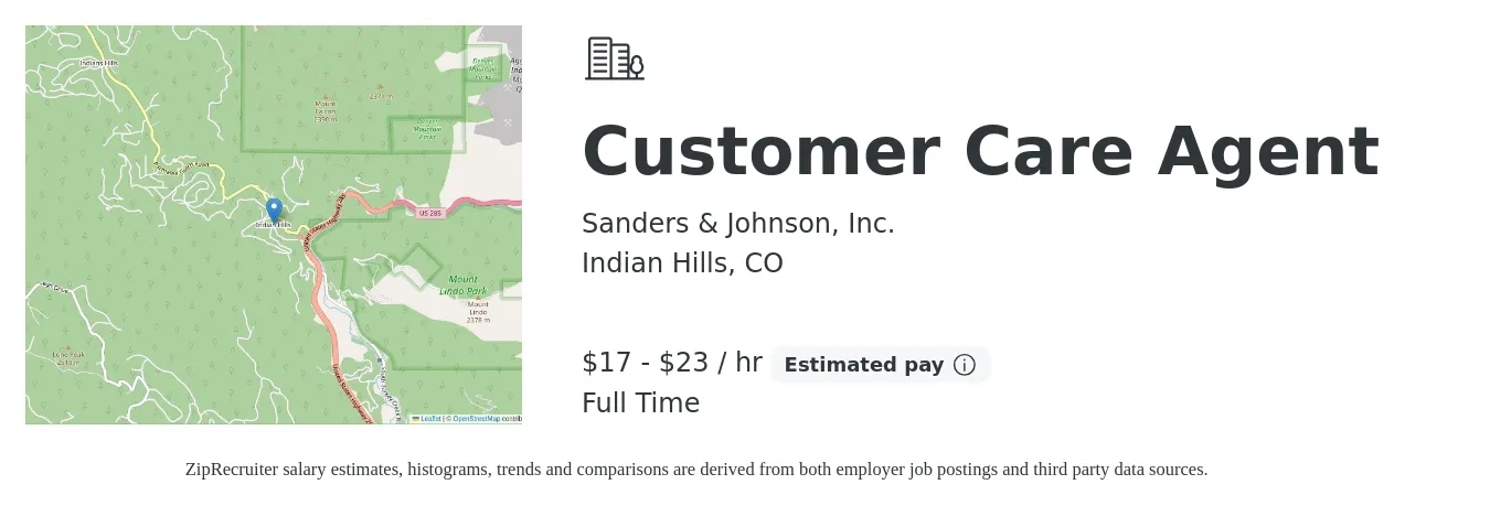 Sanders & Johnson, Inc. job posting for a Customer Care Agent in Indian Hills, CO with a salary of $18 to $24 Hourly with a map of Indian Hills location.