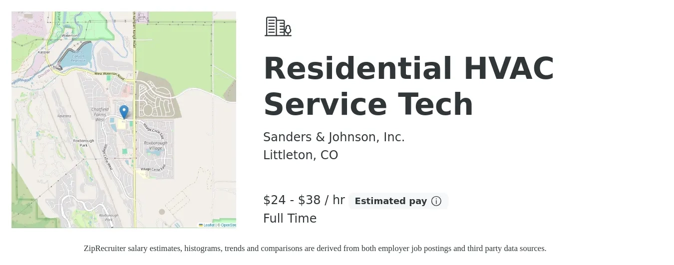 Sanders & Johnson, Inc. job posting for a Residential HVAC Service Tech in Littleton, CO with a salary of $25 to $40 Hourly with a map of Littleton location.