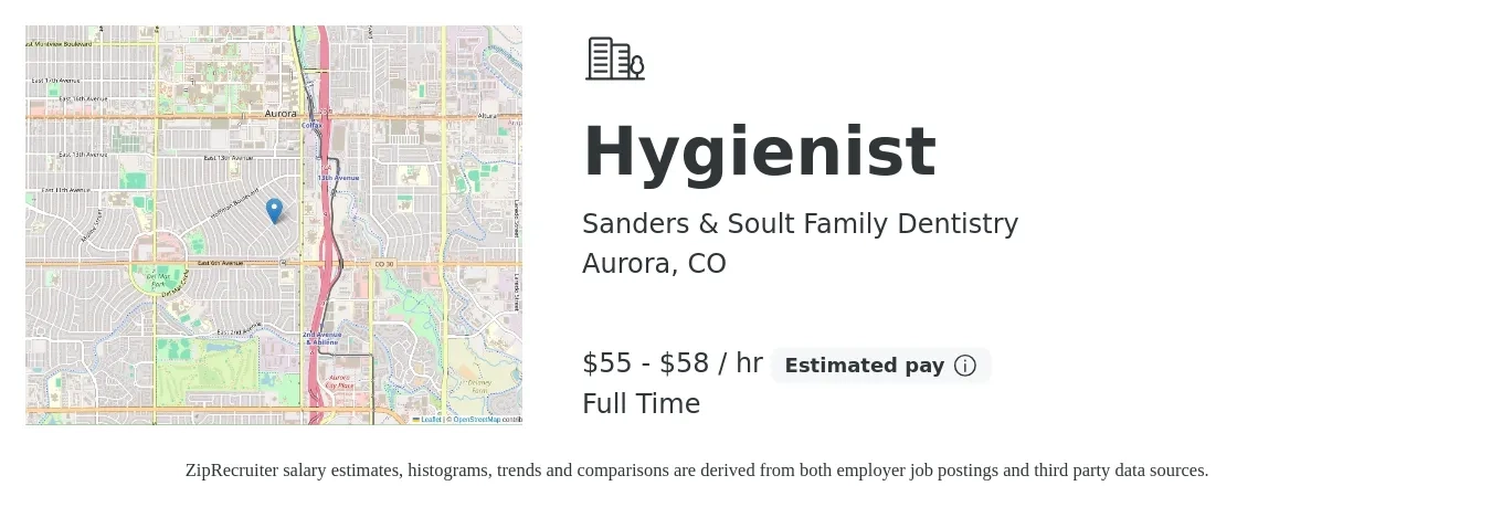 Sanders & Soult Family Dentistry job posting for a Hygienist in Aurora, CO with a salary of $39 to $51 Hourly with a map of Aurora location.