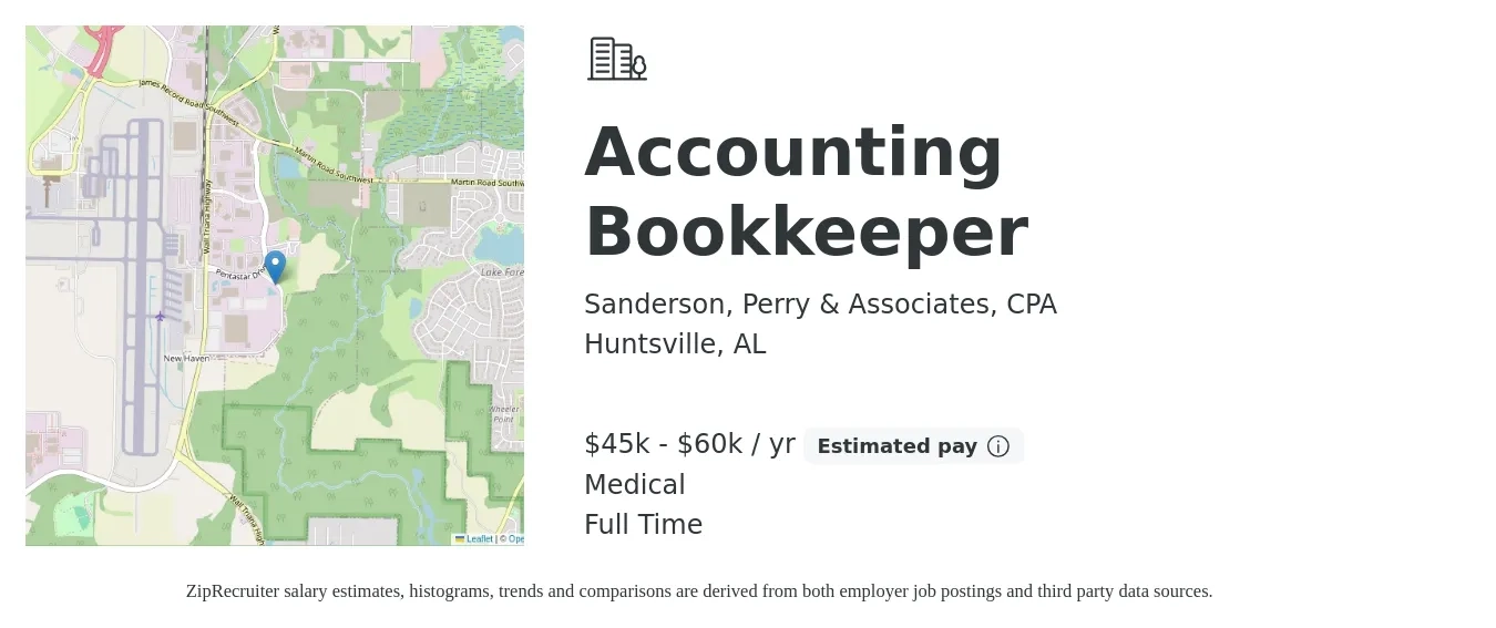 Sanderson, Perry & Associates, CPA job posting for a Accounting Bookkeeper in Huntsville, AL with a salary of $45,000 to $60,000 Yearly and benefits including medical, pto, and retirement with a map of Huntsville location.