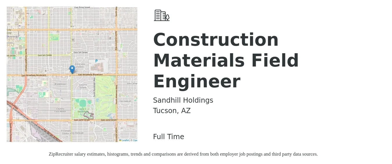 Sandhill Holdings job posting for a Construction Materials Field Engineer in Tucson, AZ with a salary of $22 to $38 Hourly with a map of Tucson location.