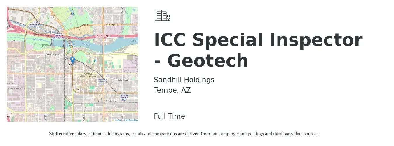 Sandhill Holdings job posting for a ICC Special Inspector - Geotech in Tempe, AZ with a salary of $19 to $32 Hourly with a map of Tempe location.