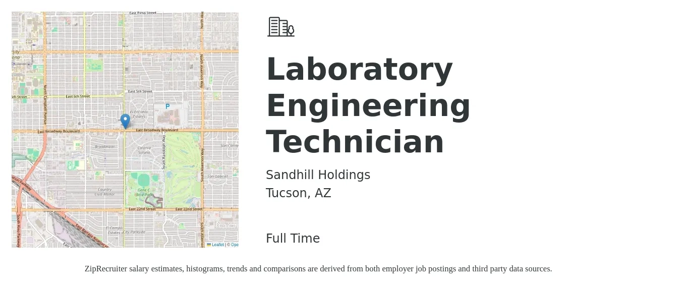 Sandhill Holdings job posting for a Laboratory Engineering Technician in Tucson, AZ with a salary of $21 to $33 Hourly with a map of Tucson location.