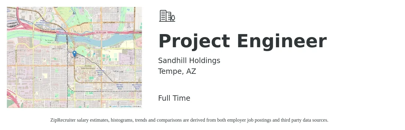 Sandhill Holdings job posting for a Project Engineer in Tempe, AZ with a salary of $71,900 to $100,600 Yearly with a map of Tempe location.