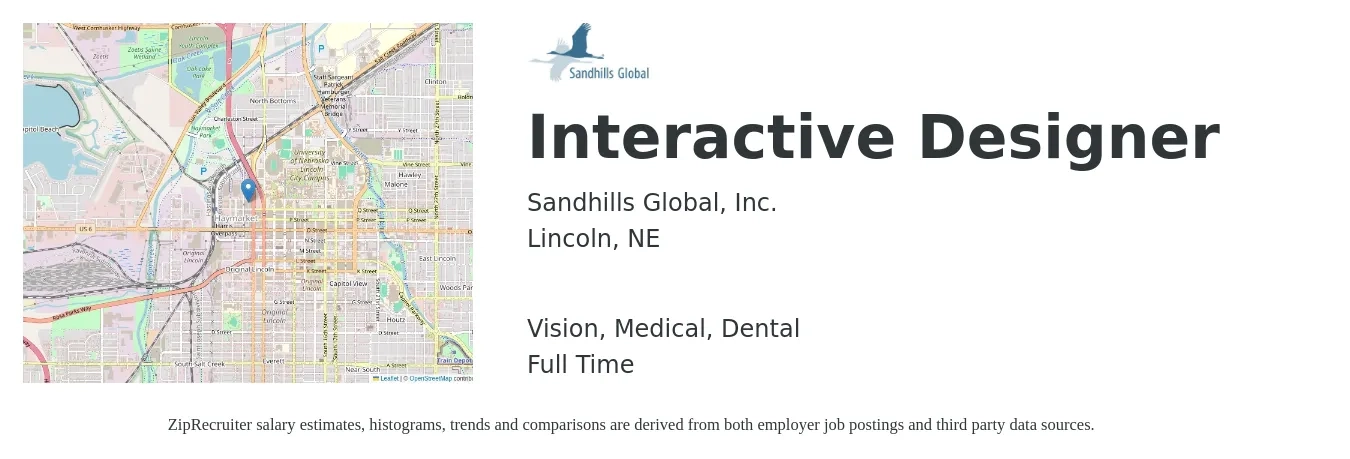 Sandhills Global, Inc. job posting for a Interactive Designer in Lincoln, NE with a salary of $43 to $66 Hourly and benefits including dental, life_insurance, medical, pto, and vision with a map of Lincoln location.