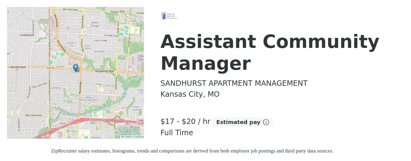 SANDHURST APARTMENT MANAGEMENT job posting for a Assistant Community Manager in Kansas City, MO with a salary of $18 to $21 Hourly with a map of Kansas City location.