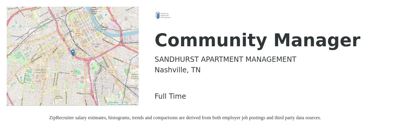 SANDHURST APARTMENT MANAGEMENT job posting for a Community Manager in Nashville, TN with a salary of $44,600 to $63,500 Yearly with a map of Nashville location.