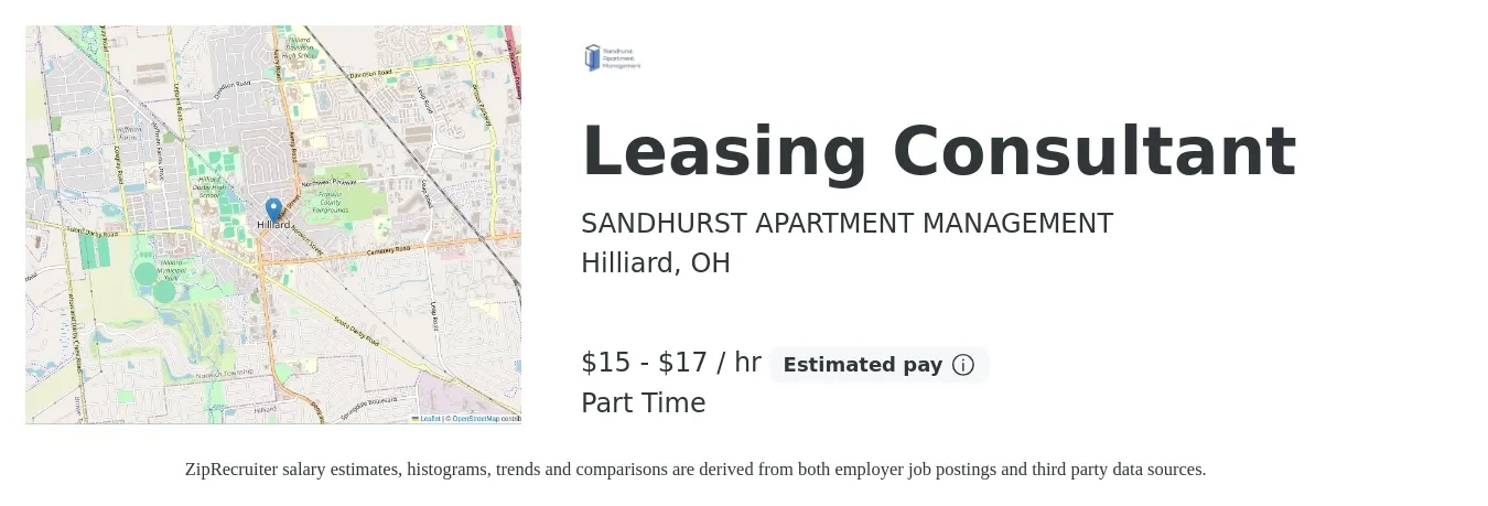SANDHURST APARTMENT MANAGEMENT job posting for a Leasing Consultant in Hilliard, OH with a salary of $16 to $18 Hourly with a map of Hilliard location.