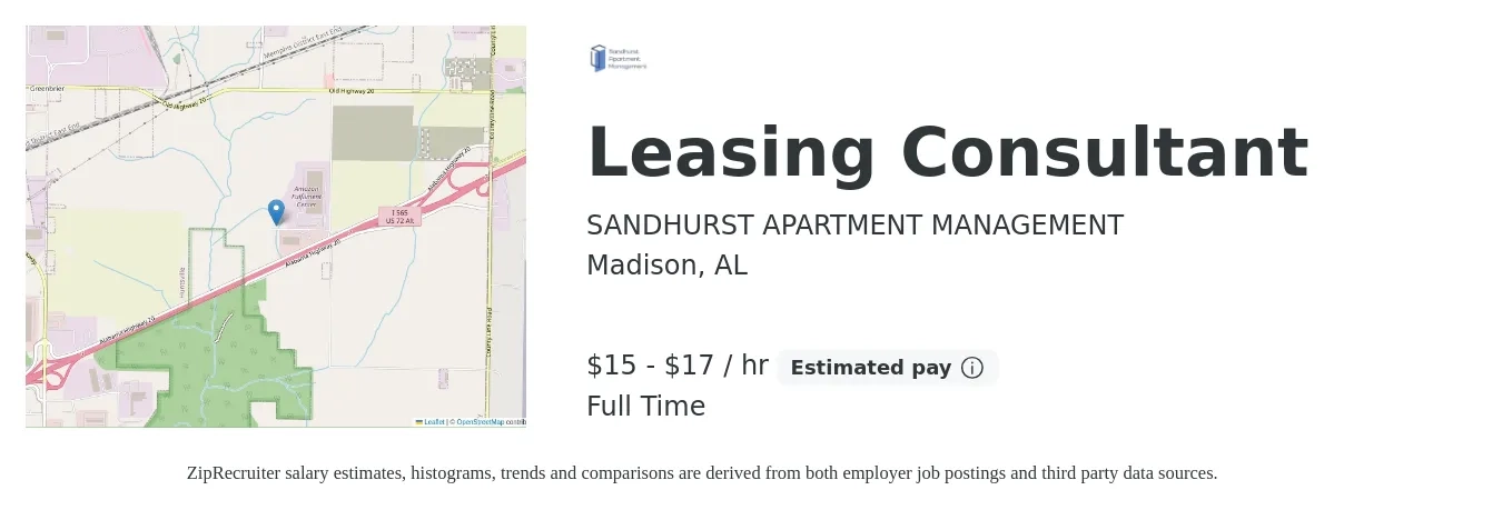 SANDHURST APARTMENT MANAGEMENT job posting for a Leasing Consultant in Madison, AL with a salary of $16 to $18 Hourly with a map of Madison location.