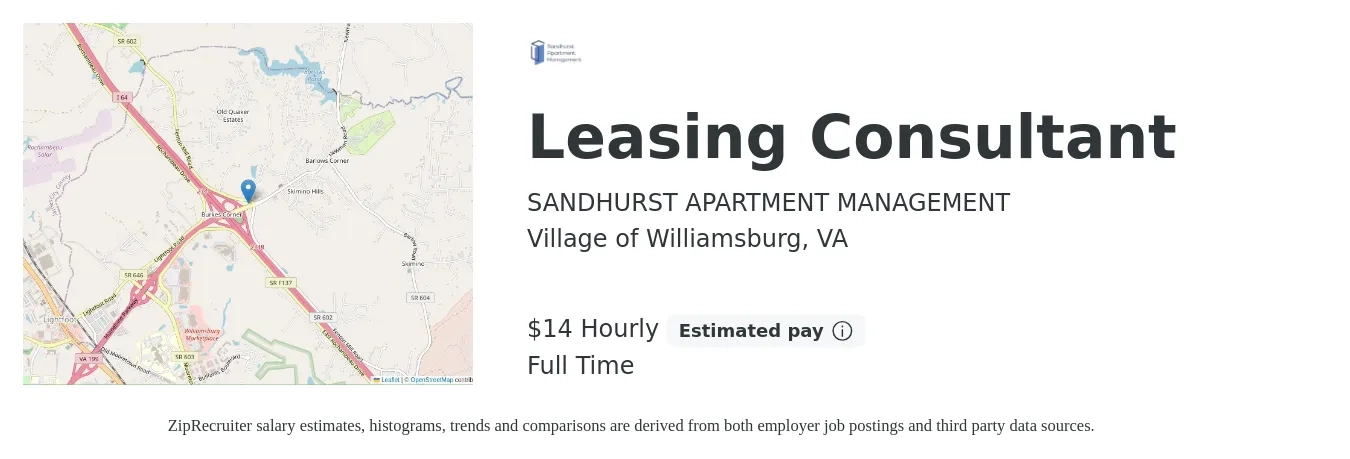 SANDHURST APARTMENT MANAGEMENT job posting for a Leasing Consultant in Village of Williamsburg, VA with a salary of $15 Hourly with a map of Village of Williamsburg location.