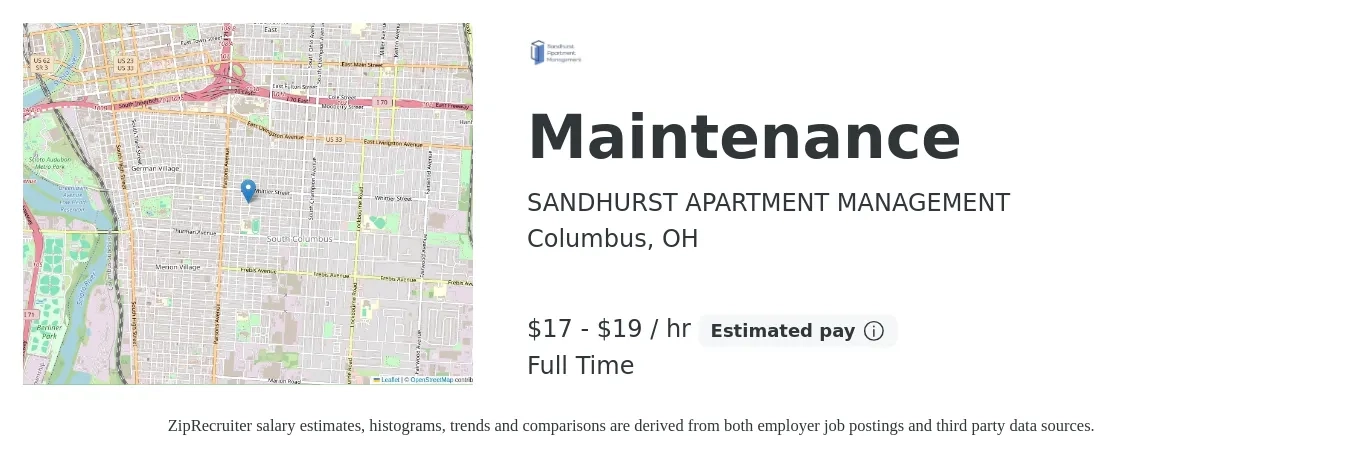 SANDHURST APARTMENT MANAGEMENT job posting for a Maintenance in Columbus, OH with a salary of $19 to $21 Hourly with a map of Columbus location.