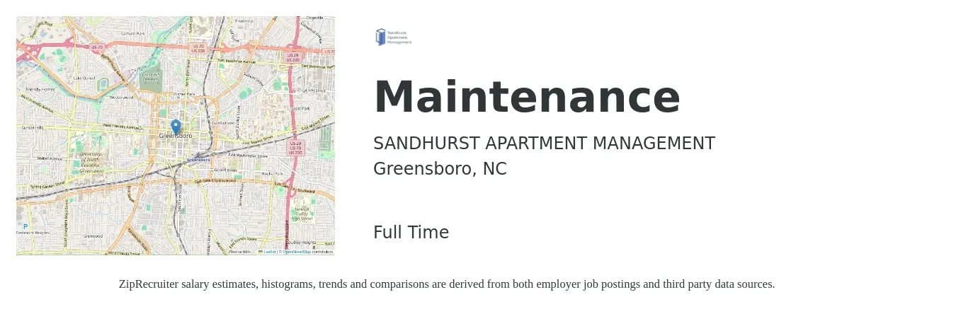 SANDHURST APARTMENT MANAGEMENT job posting for a Maintenance in Greensboro, NC with a salary of $18 to $22 Hourly with a map of Greensboro location.