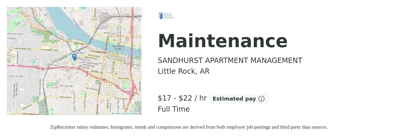 SANDHURST APARTMENT MANAGEMENT job posting for a Maintenance in Little Rock, AR with a salary of $18 to $19 Hourly with a map of Little Rock location.