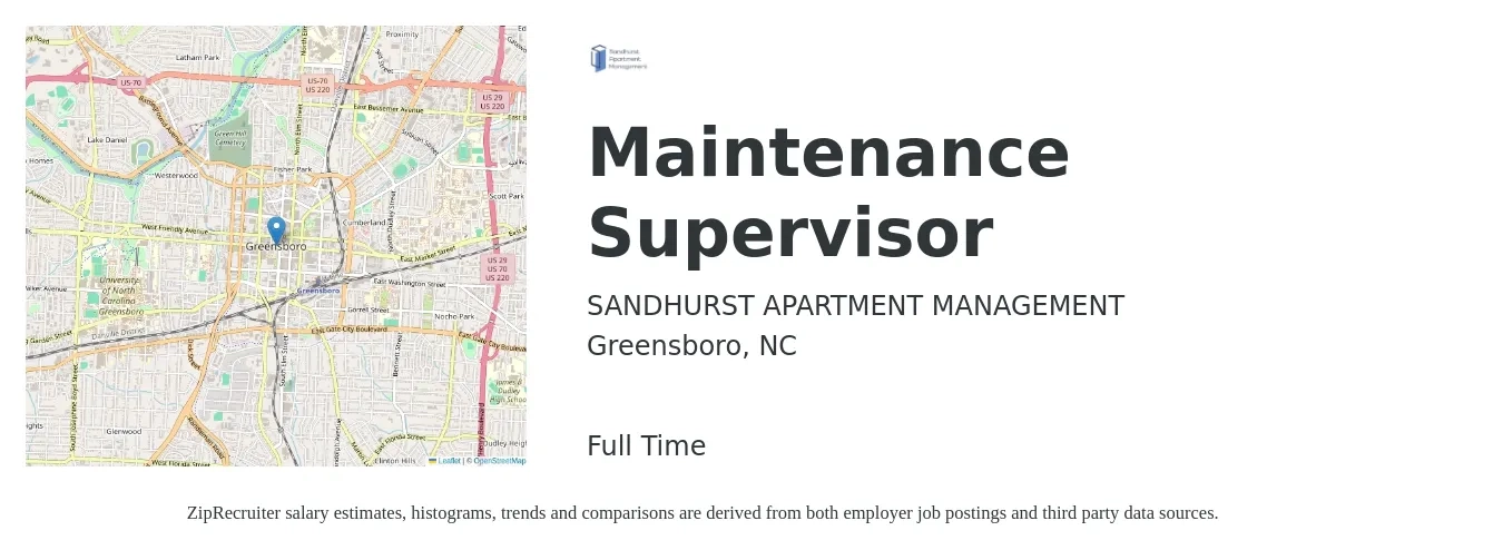 SANDHURST APARTMENT MANAGEMENT job posting for a Maintenance Supervisor in Greensboro, NC with a salary of $23 to $38 Hourly with a map of Greensboro location.