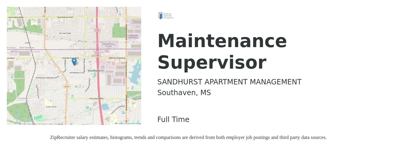 SANDHURST APARTMENT MANAGEMENT job posting for a Maintenance Supervisor in Southaven, MS with a salary of $22 to $36 Hourly with a map of Southaven location.