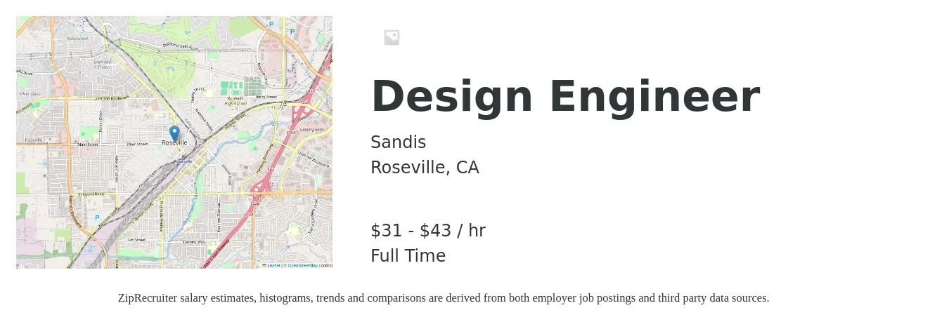 Sandis job posting for a Design Engineer in Roseville, CA with a salary of $33 to $45 Hourly with a map of Roseville location.
