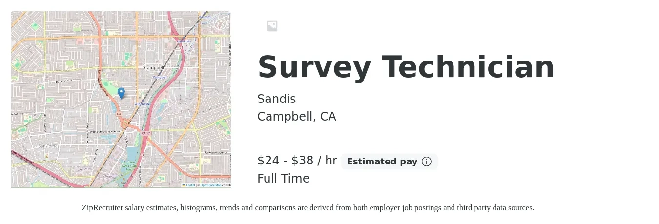 Sandis job posting for a Survey Technician in Campbell, CA with a salary of $29 to $40 Hourly with a map of Campbell location.