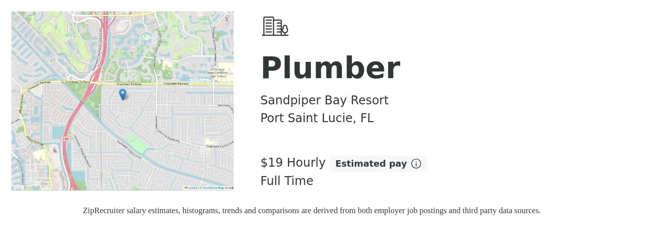 Sandpiper Bay Resort job posting for a Plumber in Port Saint Lucie, FL with a salary of $20 to $29 Hourly with a map of Port Saint Lucie location.